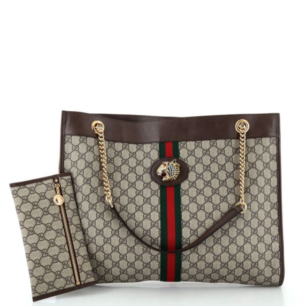 GUCCI RAJAH TOTE IN COATED SIGNATURE CANVAS DOUBLE CHAIN STRAPS AND POCHETTE